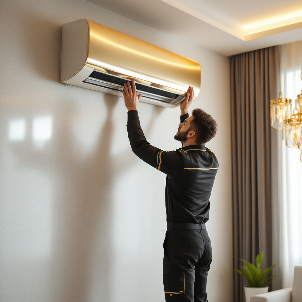 Imagem de um técnico de ar condicionado a fazer manutenção