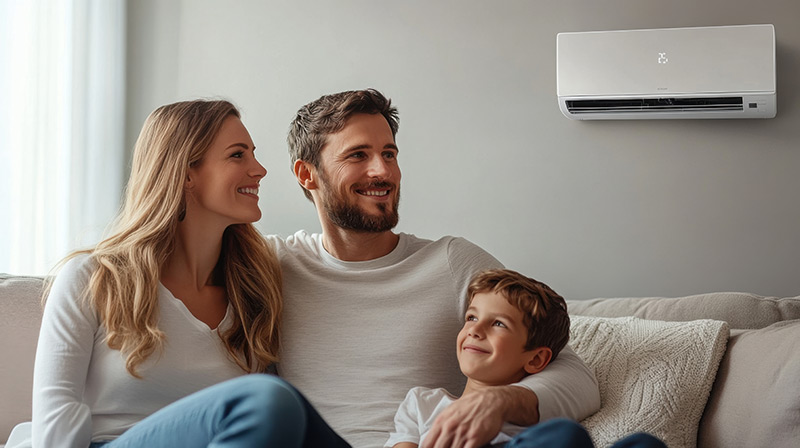 Um casal no sofá com um ar condicionado na parede ao fundo